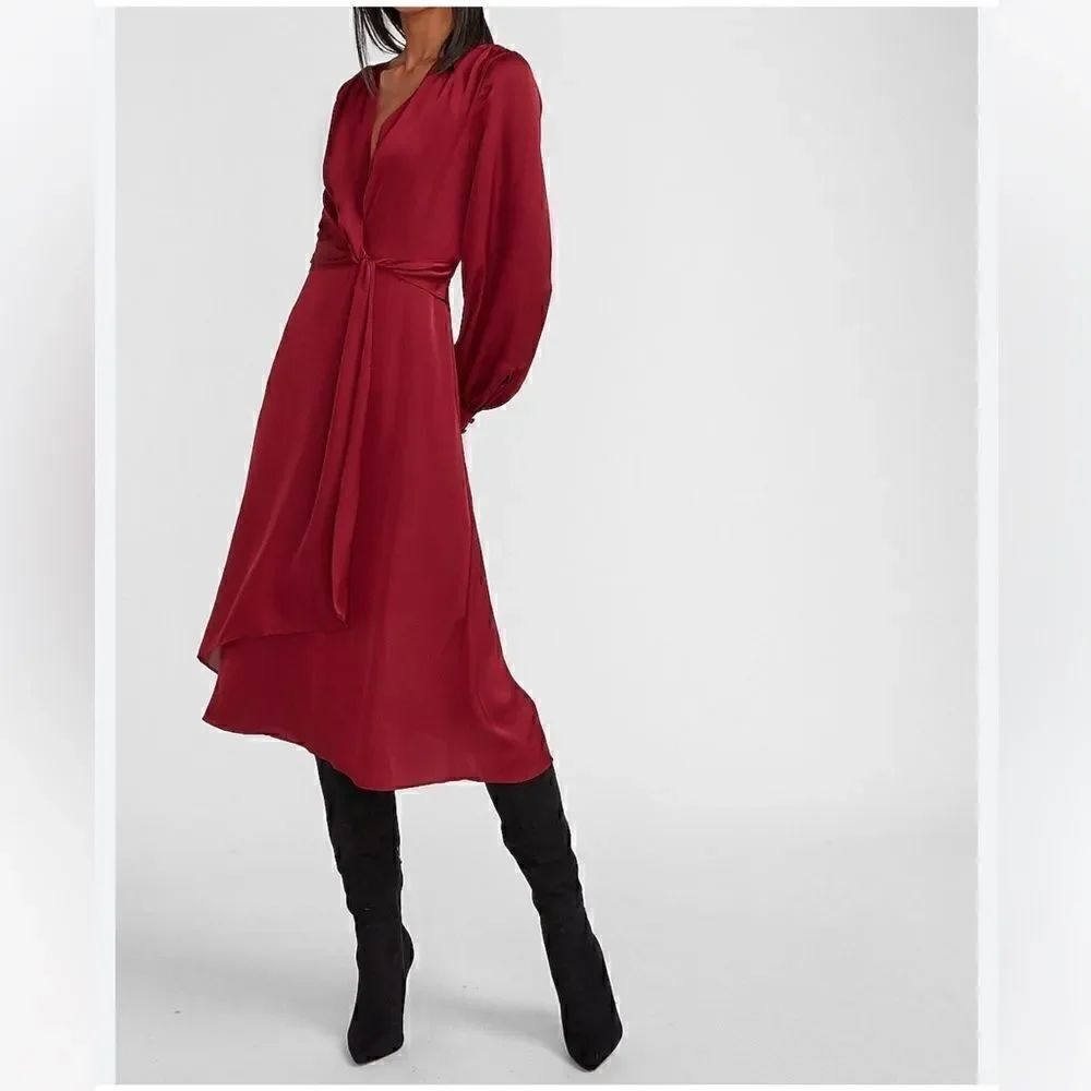 Express Burgundy Satin Long Sleeve Surplice Twist Front High Low Hem Midi Dress